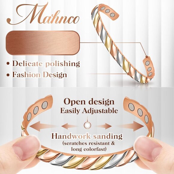 Stylish Tricolor Adjustable Copper Bracelet with Magnetic Benefits - Gift Ready - Picture 4 of 7
